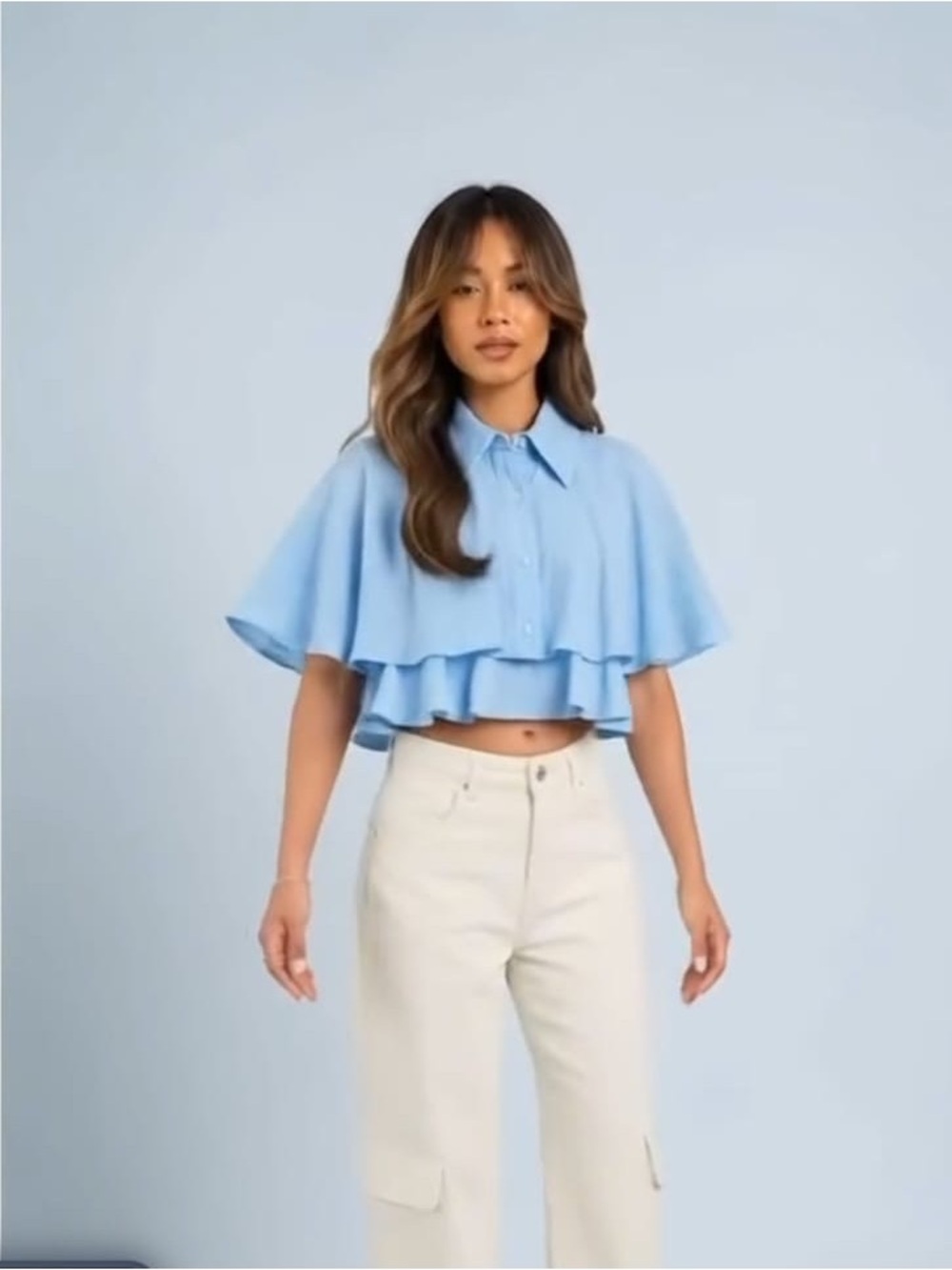 Zara Light Blue Ruffle Flutter Sleeve Top - Picture 2 of 6